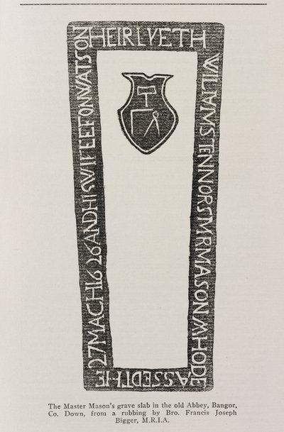 Druk z płyty nagrobnej mistrza masonów w starym opactwie w Bangor, Co. Down, datowany na 1626 rok autorstwa Irish School
