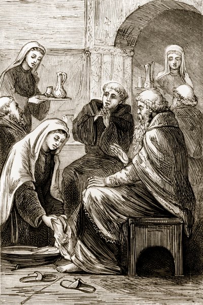 Św. Brygita zabawiająca biskupa z Trias Thaumaturga lub Three Wonder-Working Saints of Ireland autorstwa Mary Cusack (1829-99) wydanej ok. 1890 roku autorstwa Irish School