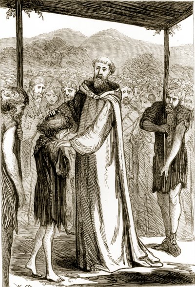 Św. Kolumba błogosławi dzikiego chłopca, z Trias Thaumaturga, czyli Trzech Cudownych Świętych Irlandii, autorstwa Mary Cusack (1829-99) opublikowanych ok. 1890 autorstwa Irish School