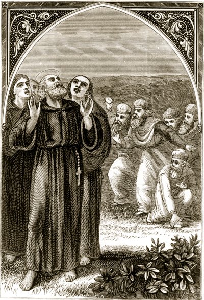 Śpiewający św. Kolumba, zaatakowany przez druidów, z Trias Thaumaturga, czyli Trzech Cudotwórczych Świętych Irlandii, autorstwa Mary Cusack (1829-99) opublikowanych ok. 1890 r. autorstwa Irish School