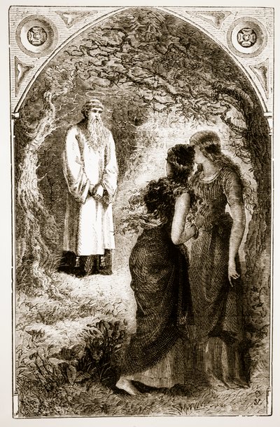 Św. Patryk spotykany przez dziewice w lesie Fochlut, z Trias Thaumaturga, czyli Trzech Cudotwórczych Świętych Irlandii, Mary Cusack (1829-99) wydanej ok. 1890 roku autorstwa Irish School