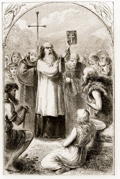 Św. Patryk ukazujący mieszkańcom Irlandii Cztery Ewangelie z Trias Thaumaturga, czyli Trzech Cudotwórczych Świętych Irlandii, autorstwa Mary Cusack (1829-99) opublikowanych ok. 1890 r. autorstwa Irish School