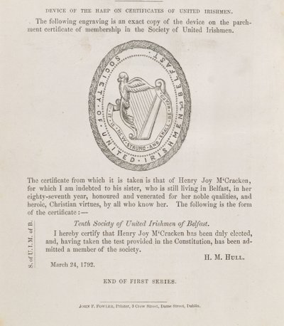Pieczęć Towarzystwa Zjednoczonych Irlandczyków z Belfastu, ok. 1792 r. (rycina) autorstwa Irish School