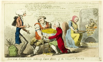 Dr Sangrado uwalnia Johna Bulla od żółtej febry autorstwa Isaac Cruikshank