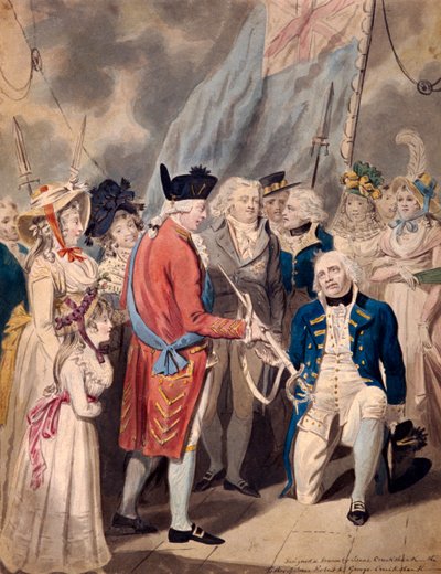 „George III przedstawia miecz admirałowi hrabiemu Howe”, c1794 autorstwa Isaac Cruikshank