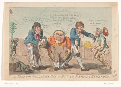 Karykatura przedstawiająca kapitulację floty Batawów w zatoce Saldanha, 1796 Zajrzenie do Saldanha Bay lub Holenderska Perfidia Nagrodzona (tytuł na obiekcie) autorstwa Isaac Cruikshank