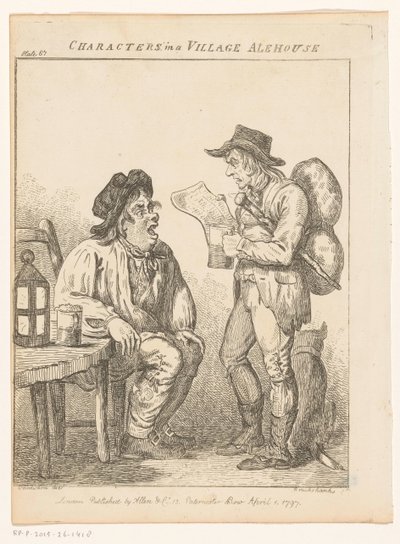 Dwóch mężczyzn w wiejskim pubie w Derbyshire Postacie w wiejskiej piwiarni (tytuł oryginalny) Sceny gatunkowe z różnych części Anglii i Walii (tytuł serii) Ekscentryczne wycieczki lub literackie i obrazowe szkice twarzy, charakteru i autorstwa Isaac Cruikshank