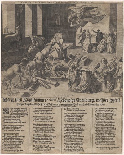 Ezels korzysta z komory artystycznej Osioł Kunstkammer, czyli żywa ilustracja, stanowiąca dziś chwalebną sztukę wolną, jest przenoszony, ciągnięty przez nieświadomego bawoła (...) (tytuł na przedmiocie) autorstwa Isaac Duchemin