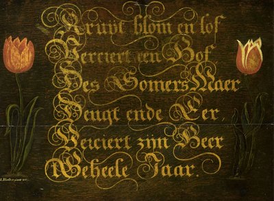 Kaligraficzny Maxim z tulipanami autorstwa Isaac Hondius