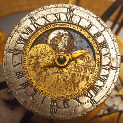 Szczegół tarczy zegarowej niebiańskiej kuli ziemskiej autorstwa Isaac III Habrecht