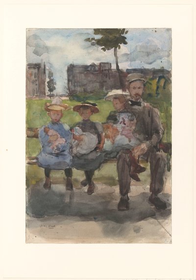 Mężczyzna z trzema dziewczynami na ławce w Oosterpark w Amsterdamie autorstwa Isaac Israels