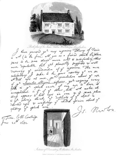 List od Isaaca Newtona i widok jego miejsca urodzenia w Woolsthorpe, Lincolnshire, 1682, 1840. autorstwa Isaac Newton