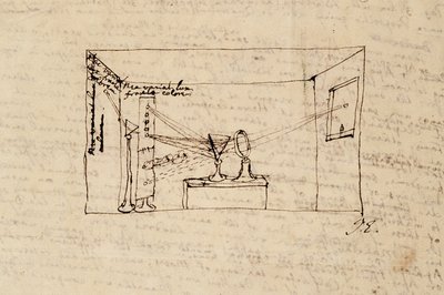 Ms. New Coll 3612 fol.45v Rysunek tak zwanego eksperymentu kluczowego, który pokazuje światło słoneczne załamane przez jeden pryzmat, a następnie załamane przez inny pryzmat (pióro i atrament na papierze autorstwa Isaac Newton