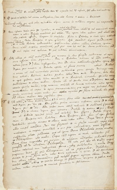 Zapis eksperymentu w sześciu etapach, począwszy od destylacji, po której następuje spalanie, dalsza destylacja, wywar, kalcynacja i sublimacja, ok. 1700 r. autorstwa Isaac Newton