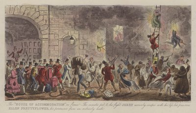 „Dom zakwaterowania” w Flames! (kolorowy grawer) autorstwa Isaac Robert (after) Cruikshank