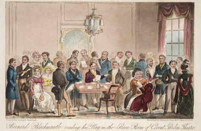 Bernard Blackmantle czytający swoją sztukę w Green Room of Covent Garden Theatre z The English Spy, wyd. 1824 (grawerowanie ręcznie kolorowane) autorstwa Isaac Robert Cruikshank