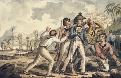 Kapitan Burney odkrywa swoich zamordowanych członków statku, z Podróży kapitana Cooka autorstwa Isaac Robert Cruikshank