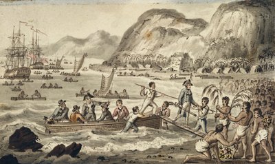 Kapitan Cook ląduje w Owyhee, ilustracja z filmu „Podróże kapitana Cooka” autorstwa Isaac Robert Cruikshank