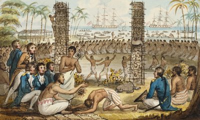 Kapitan Cook na wyspie Otaheite, ilustracja z „Podróży kapitana Cooka” autorstwa Isaac Robert Cruikshank