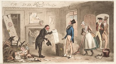 College Comforts, Freshman przejmujący swoje pokoje, z The English Spy, wyd. 1824 (grawerowanie ręcznie kolorowane) autorstwa Isaac Robert Cruikshank