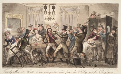 Family Men at Fault, czyli niespodziewana wizyta biskupa i jego kapelanów, z The English Spy, wyd. 1824 (grawerowanie ręcznie kolorowane) autorstwa Isaac Robert Cruikshank