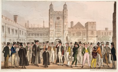 Pierwsza nieobecność, czyli Etonians Answering Morning Master Roll, z The English Spy opublikowanej w 1824 r. (ręcznie kolorowane grawerowanie) autorstwa Isaac Robert Cruikshank