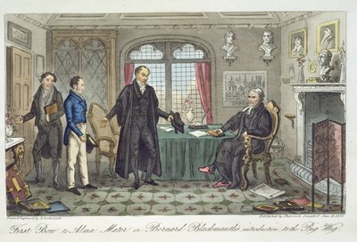 First Bow to Alma Mater, czyli wprowadzenie Bernarda Blackmantle do Big Wig, z „The English Spy” Charlesa Molloya Westmacotta (1788-1868) opublikowanego w Londynie, 1825 autorstwa Isaac Robert Cruikshank