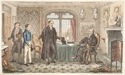 First Bow to Alma Mater, czyli wprowadzenie Bernarda Blackmantlesa do Big Wig, z The English Spy, opublikowanego w Londynie, 1824 (ręcznie kolorowane grawerowanie) autorstwa Isaac Robert Cruikshank