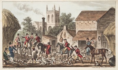 Wychodzić; Widok hodowli Berkeley Hunt, z książki The English Spy opublikowanej w 1824 r. (ręcznie kolorowane grawerowanie) autorstwa Isaac Robert Cruikshank