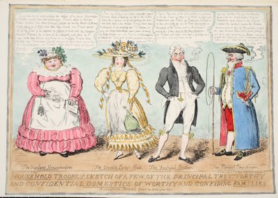 Oddziały domowe lub szkic kilku głównych godnych zaufania i poufnych domowników godnych i ufnych rodzin, 1827 (ręcznie kolorowane grawerowanie) autorstwa Isaac Robert Cruikshank
