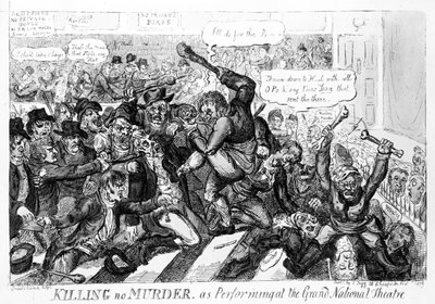 Killing no Murder, jako występ w Teatrze Wielkim, 1809 autorstwa Isaac Robert Cruikshank