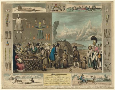 Laponie, renifery itp., jak wystawiono w sali egipskiej na Piccadilly, 1822 r. autorstwa Isaac Robert Cruikshank