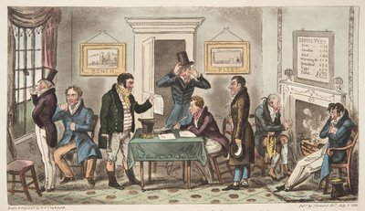 Rano i w Low Spirits, scena zamknięcia w Spunging House, Carey Street, trochę dobrej prawdy, z The English Spy, opublikowanej w Londynie, 1824 autorstwa Isaac Robert Cruikshank
