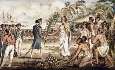 Oatehite, ilustracja z „Podróży kapitana Cooka” autorstwa Isaac Robert Cruikshank