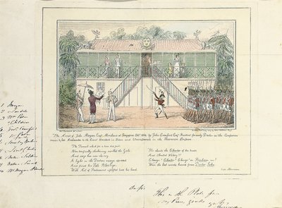 Aresztowanie Johna Morgana Esq., kupca, Singapur, październik 1824, przez Johna Crawford Esq., rezydenta, byłego doktora ds. usług dla przedsiębiorstw, zmarłego ambasadora przy sądzie, Bangkok, Syjam, i Umrapoorah, Imperium Birmańskie, maj 1827 autorstwa Isaac Robert Cruikshank