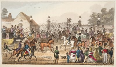 Przylot lub zachodnie wejście do krainy Cockney z The English Spy opublikowanej w 1824 r. (Ręcznie kolorowy grawerunek) autorstwa Isaac Robert Cruikshank