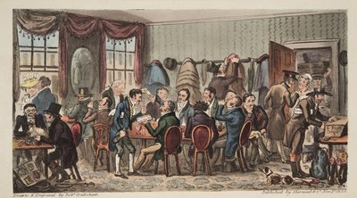 The Bags, Mens Bankiet w Bell Inn, Cheltenham, z The English Spy, wyd. 1824 (grawerowanie ręcznie kolorowane) autorstwa Isaac Robert Cruikshank