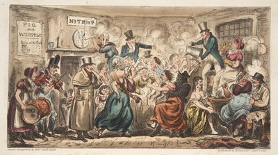 The Buff Club at the Pig and Whistle, Avon Street, Bath, z The English Spy, wyd. Londyn, 1824 (ręcznie kolorowane grawerowanie) autorstwa Isaac Robert Cruikshank
