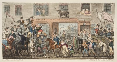 Komiksowa procesja z The English Spy, wyd. 1824 (rycina ręcznie kolorowana) Gloucester do Berkeley, z The English Spy, wyd. 1824 (grawerowanie ręcznie kolorowane) autorstwa Isaac Robert Cruikshank