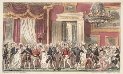Wieczór w Okrągłej Sali; lub Squeeze at Carlton Palace, z The English Spy, wyd. 1824 (grawerowanie ręcznie kolorowane) autorstwa Isaac Robert Cruikshank