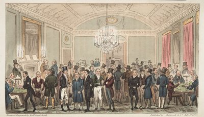 The Great Subscription Room w Brookes, z The English Spy, wyd. 1824 (grawerowanie ręcznie kolorowane) autorstwa Isaac Robert Cruikshank