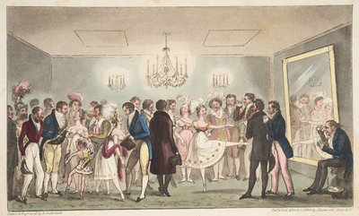 The Green Room of the Kings Theatre, czyli Szlachetni Amatorzy oglądający zagraniczne ciekawostki, z The English Spy, wyd. 1824 (grawerowanie ręcznie kolorowane) autorstwa Isaac Robert Cruikshank