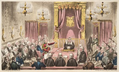 The House of Lords in High Debate, z The English Spy, wyd. 1824 (grawerowanie ręcznie kolorowane) autorstwa Isaac Robert Cruikshank