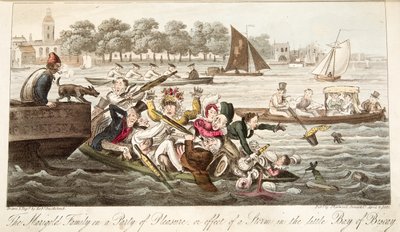 Rodzina Marigold na przyjęciu dla przyjemności, czyli efekt burzy w małej Zatoce Biskajskiej, z The English Spy, wyd. 1824 (grawerowanie ręcznie kolorowane) autorstwa Isaac Robert Cruikshank
