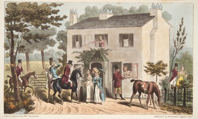 The Oakland Cottages, Cheltenham lub Fox Hunters i ich ulubieńcy, z The English Spy, wyd. 1824 (grawerowanie ręcznie kolorowane) autorstwa Isaac Robert Cruikshank