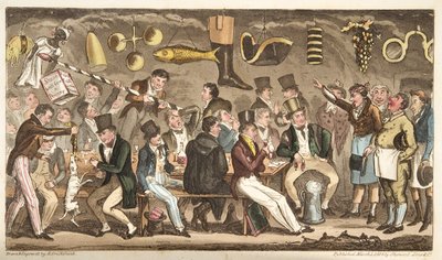 The Oppidans Museum lub Eton Court of Claims at the Christopher, z The English Spy, opublikowane w Londynie, 1824 autorstwa Isaac Robert Cruikshank