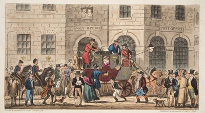 The Post Office Bristol, Przybycie London Mail, z The English Spy, opublikowane w Londynie, 1824 autorstwa Isaac Robert Cruikshank
