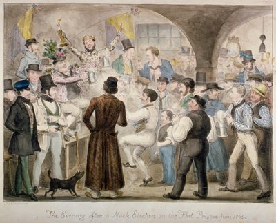 „Wieczór po udawanych wyborach w Więzieniu Floty, czerwiec 1835” autorstwa Isaac Robert Cruikshank