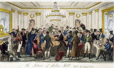 Wnętrze Modern Hall - w „The English Spy” Charlesa Molloya Westmacotta, rysunek Roberta Cruikshanka, wydanie londyńskie autorstwa Isaac Robert Cruikshank