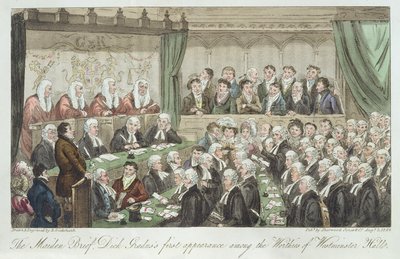 Dziewiczy brief, pierwszy występ Dicka Gradusa wśród godnych Westminster Hall, opublikowany 1824 autorstwa Isaac Robert Cruikshank